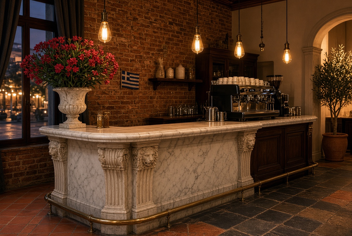 Marble bar with amber light and a Greek flag on the brick