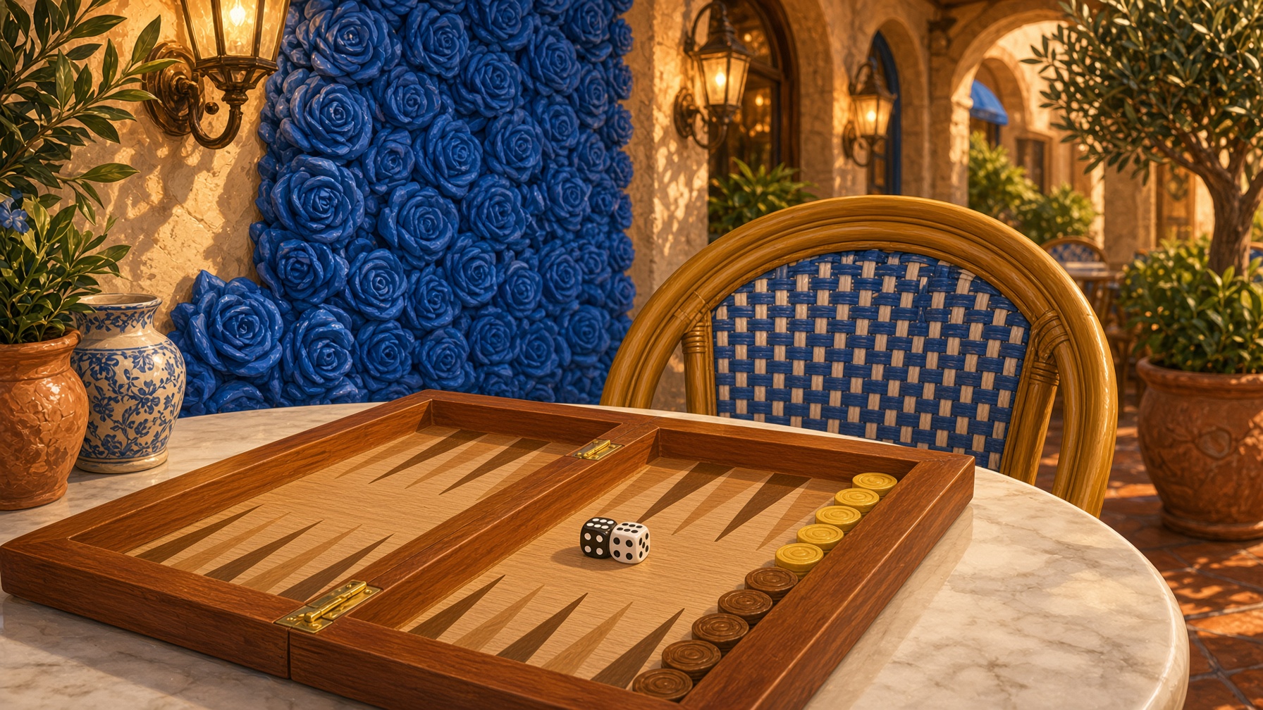 Backgammon and blue roses