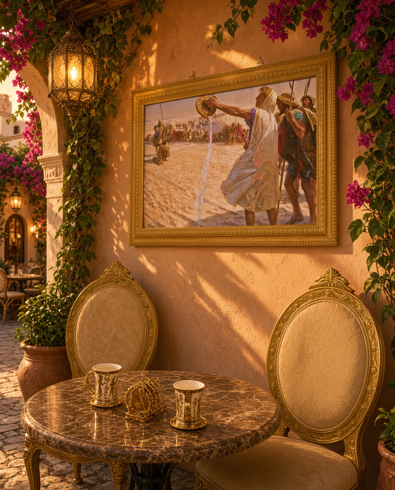Desert painting and gold chairs