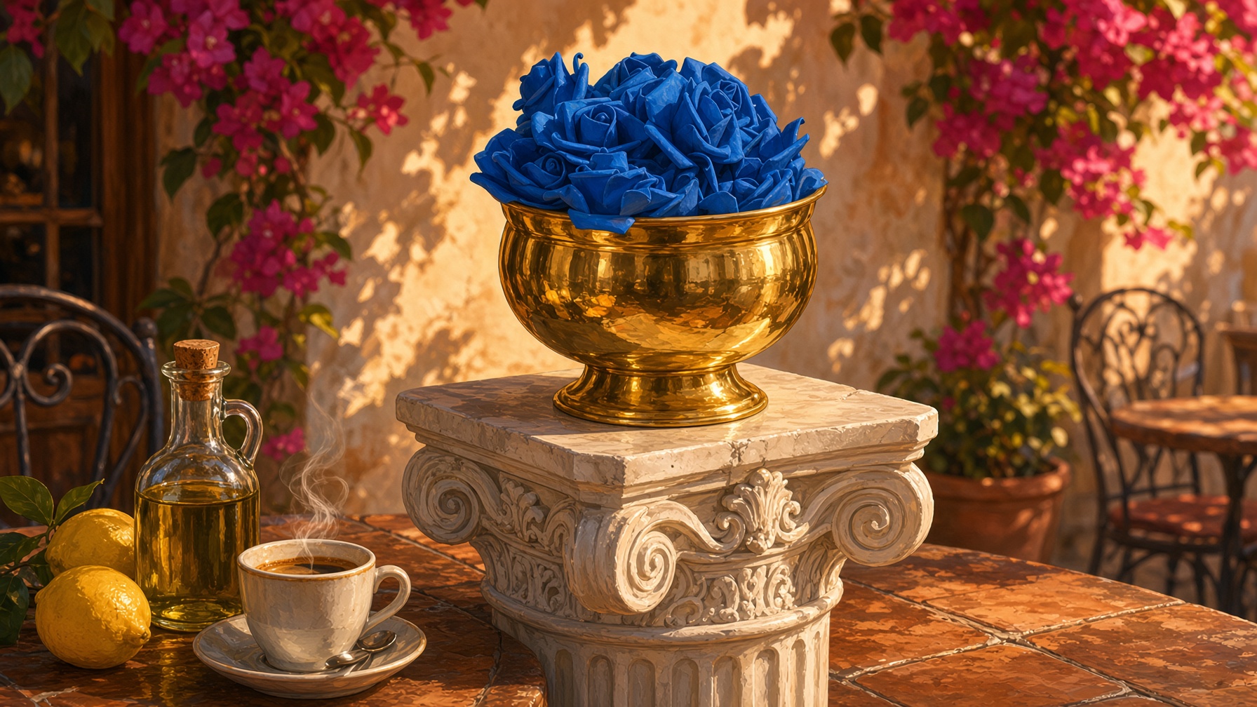 Blue roses in a brass bowl