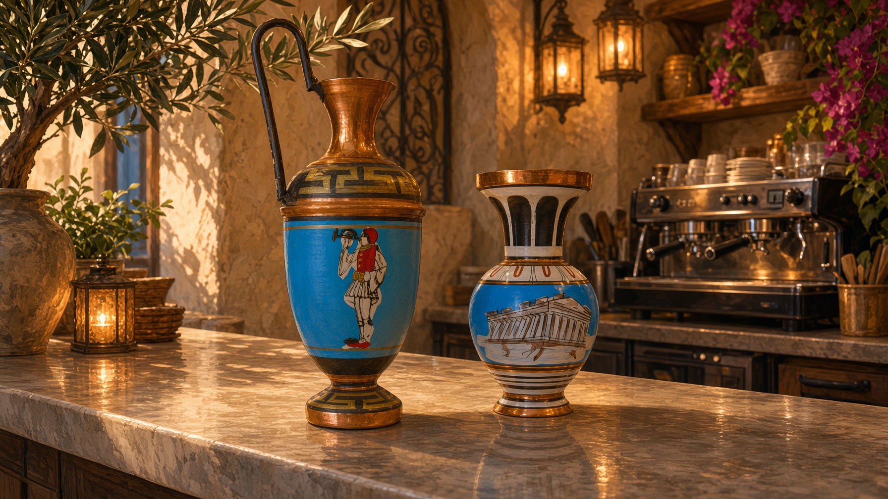 Greek vases on the counter