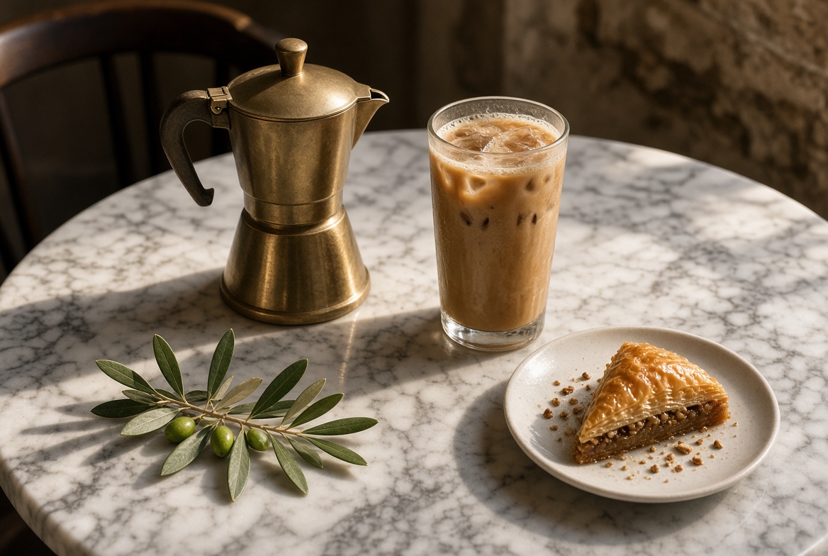 Freddo, baklava, and a brass pot on marble